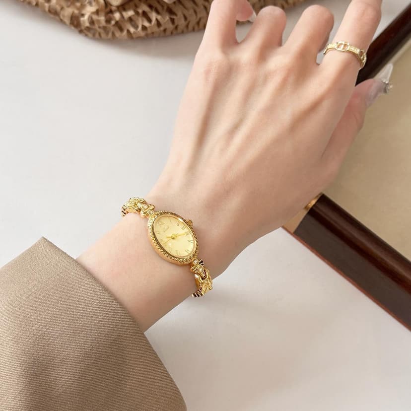 CARLIEN Fashion Vintage Gold Oval Quartz Watches for Women - Alloy Steel Band Slim Bracelet - Roman Numerals Numbers - Dainty Elegant Dress Wristwatch Waterproof