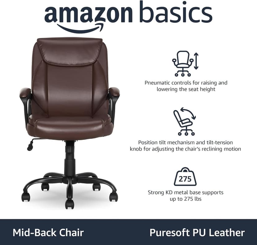 Amazon Basics Classic Puresoft PU Padded Mid-Back Office Chair with Armrest, Height Adjustable, Wheels, 25.75"D x 24.25"W x 42.25"H, Brown