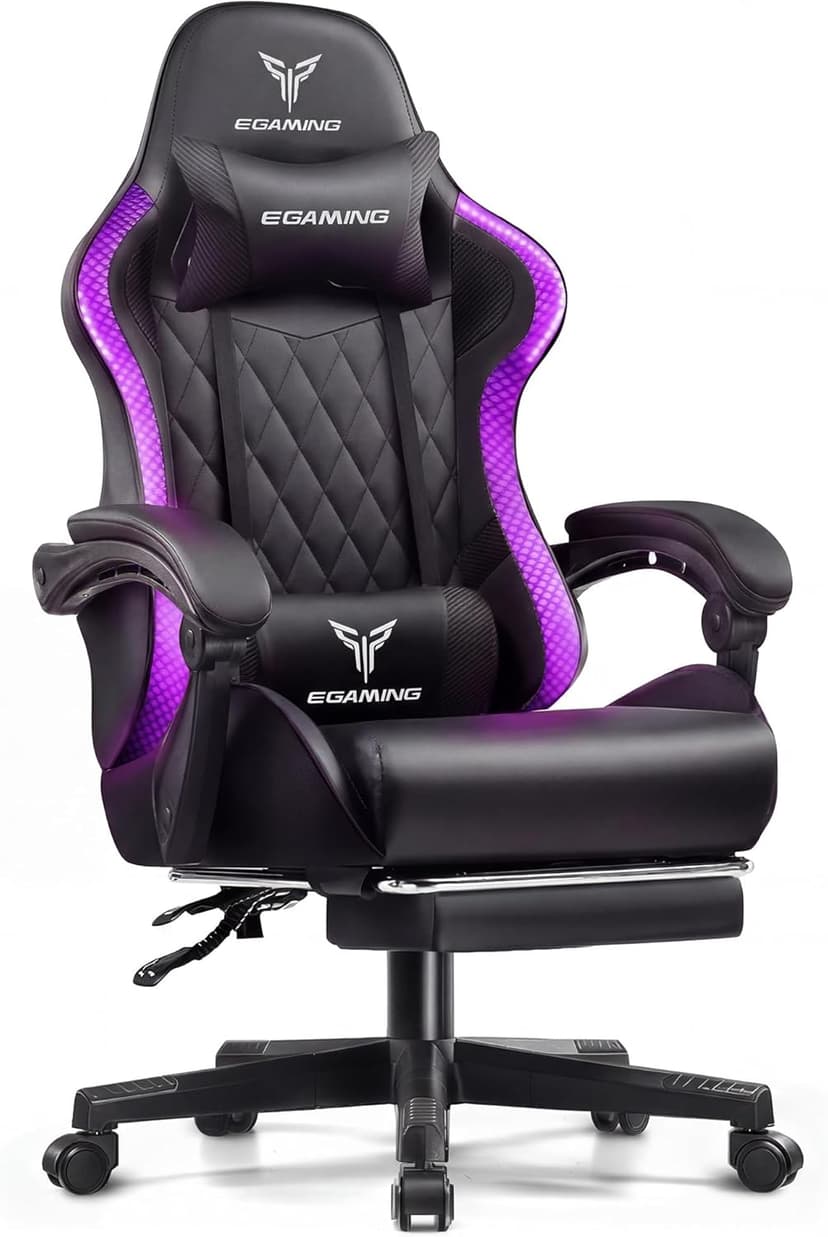 EXRACING Gaming Chair with Footrest Ergonomic High-Back PU Leather Computer Chair with RGB LED Lights Linkage Armrests Lumbar Support and Headrest 150°Reclining Diamond Quilted Office Chair for Adults