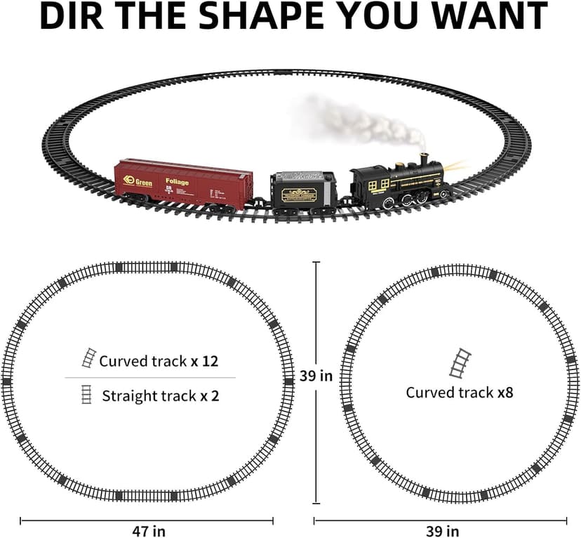 TEMI Steam Train Toy Set for Boys 3 4 5 6 7 Years, with Sounds & Light, Electric Classical Engine Locomotive for Kids, Rechargeable Model Train Kit for Christmas Tree, Cargo Car Railway Tracks