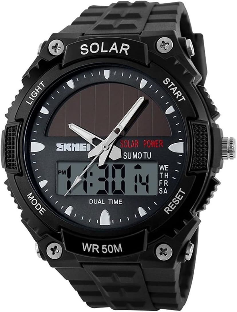 FANMIS Men's Solar Powered Casual Quartz Wrist Watch Analog Digital Multifunctional Black Sports Watch