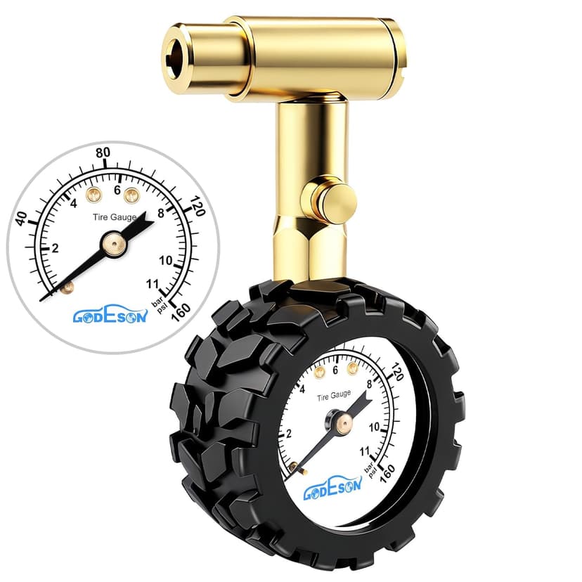 GODESON 1.5-Inch Bike Tire Pressure Gauge, Dual-Valve for Presta & Schrader Valves, 0-160 PSI/11 BAR with Gear Protection Sleeve, Fits MTB, Road, E-Bikes, Motorcycles & Trucks