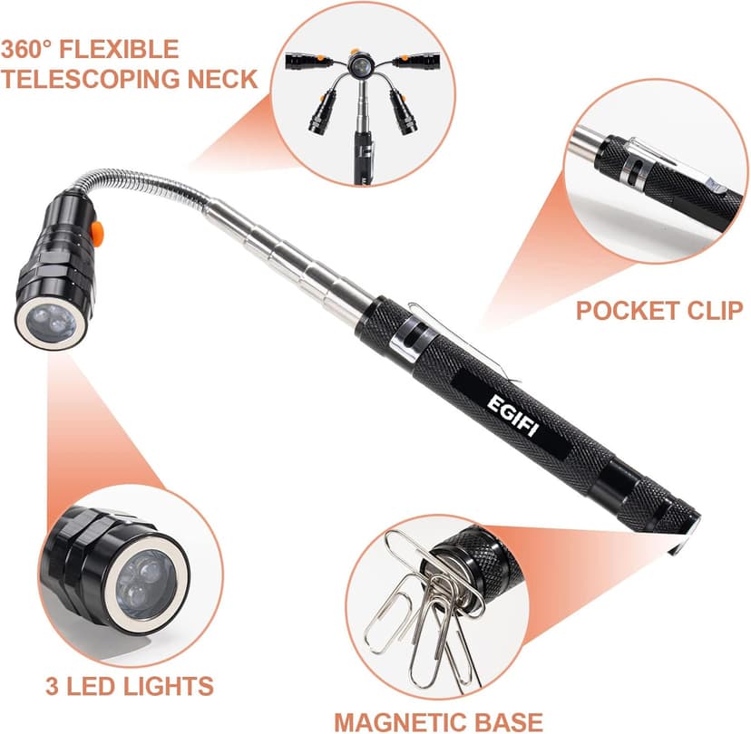 Gifts for Him, LED Magnetic Pickup Tools, Telescoping Magnetic Flashlight Pick Up Tool, Christmas Stocking Stuffers for Men Adults, Unique Cool Gifts for Men, Dad, Husband, Black