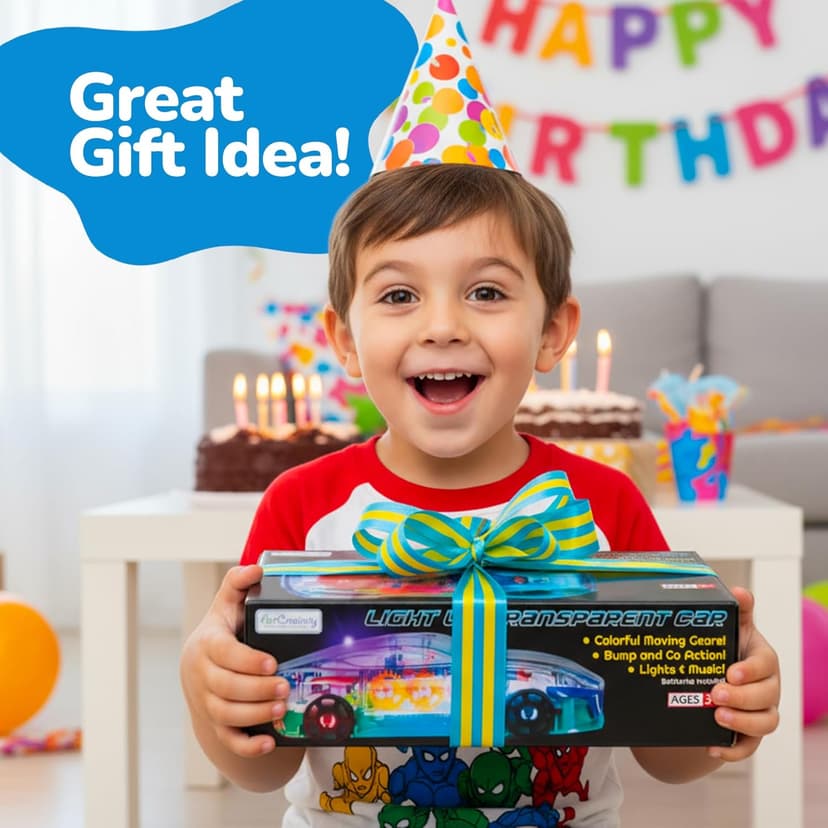 ArtCreativity Light Up Transparent Sensory Car Toy for Kids, 1PC, Bump and Go Toy Car with Colorful Moving Gears, Music, and LED Effects, Easter Toys for Toddlers, Great Birthday Gift Idea