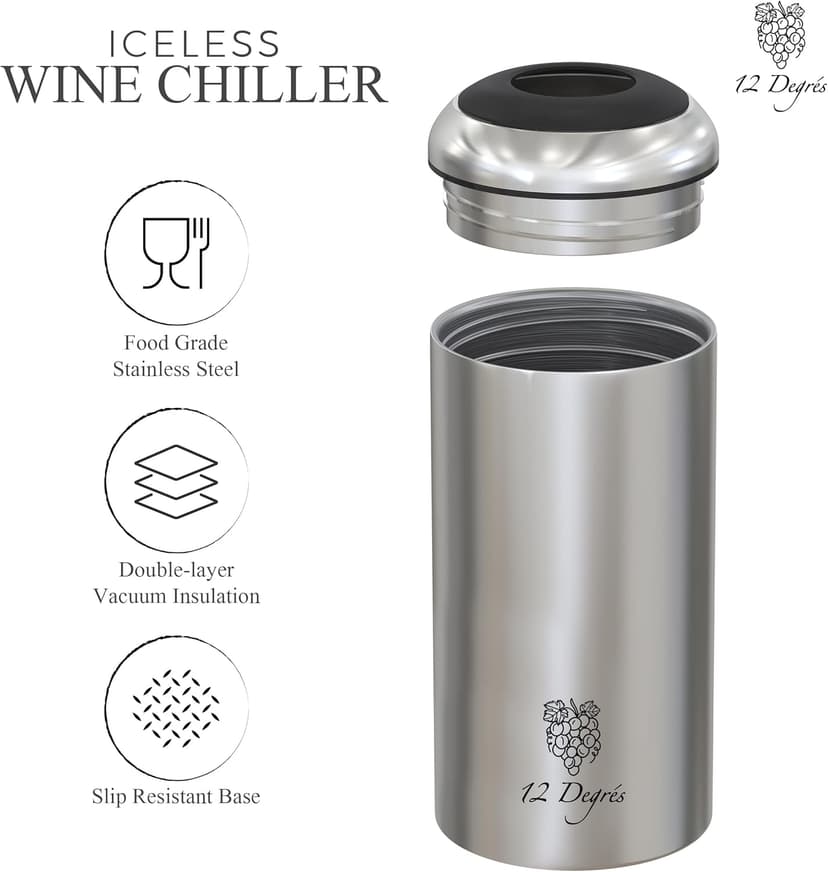 Wine Chiller Set - Perfect Wine Gifts for Women & Men - Stainless Steel Insulated Wine Cooler with Wine Pump, Aerator & 4 Stoppers (Silver)