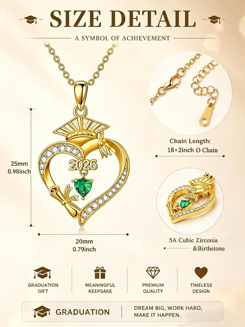 Graduation Gifts for Women Her, 18K Gold Heart Birthstone Necklace, Inspiring Grad Pendant College Seniors High School Graduations Jewelry Gifts B0H98Q1TH9