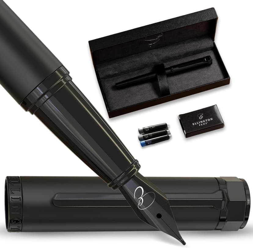 Ellington Pens Luxury Fountain Pen Set - Fountain Pen For Writing - Smooth Medium Nib - Includes Refillable Ink Converter, 3 Ink Cartridges, Gift Box - Calligraphy, Journaling, Sketching (The Stealth)
