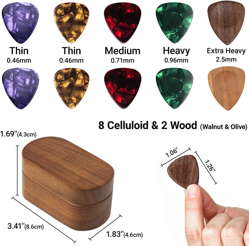Onmiwod Guitar Pick Holder Set with 2 Color Wood Picks and 8 Celluloid Picks in 3 Thicknesses, Wooden Guitar Pick Case, Mini Jewelry Box, Guitar Music Accessories Gifts for Guitar Lover Player B0FMS2J7FV