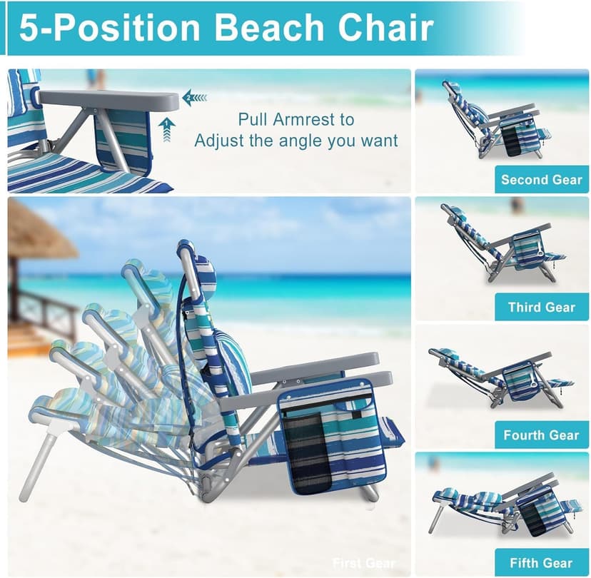 Suteck Backpack Beach Chairs for Adults, 5-Position Lay Flat Reclining Chair with Cooler Pouch, Cup Holder, Towel Bar, 2-Pack Portable Folding Beach Chair for Lawn Outdoor (1, Light Blue)