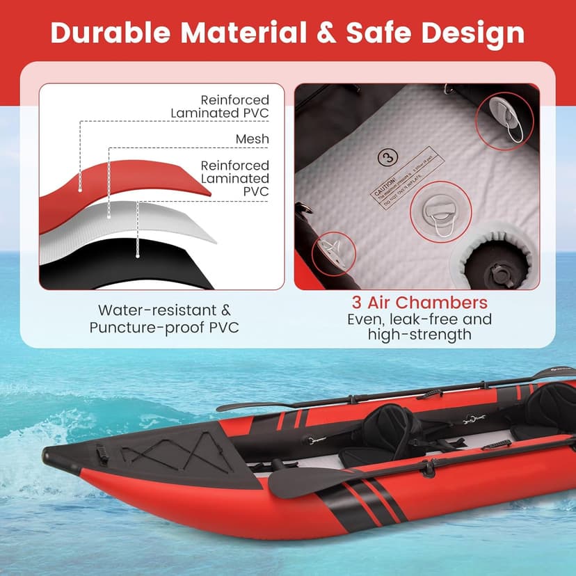 GYMAX Inflatable Kayak, 12.5Ft 507lbs Tandem Kayak with 2 Aluminum Paddles, 2 Padded Seats, Footrests, 2 Fins, Hand Pump, Carry Bag & Repair Kit, 2 Person Fishing Touring Kayak for Adults