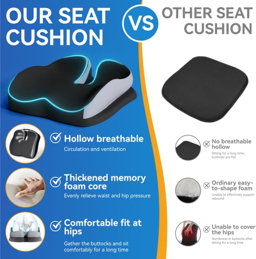 Seat Cushions for Office Chairs Wheelchair Cushion for Long Sitting Back Pain,Memory Foam Seat Car Computer Desk Chair Cushion,Coccyx Cushion for Tailbone Pain Relief Cushion Office Chair Black