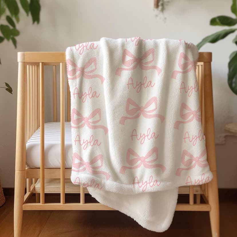 Personalized Baby Blanket with Bow – Custom Name Blanket for Newborn Girl, Soft Coral Fleece Blanket with Custom Bow & Text Color, Keepsake Nursery Blanket