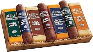The Wisconsin Cheeseman Meat and Cheese Combo - Featuring Italian, Original and Garlic Summer Sausages, Colby, Brick, Sharp Cheddar, and Monterey Charcuterie Boards, Charcuterie Gift Basket Set