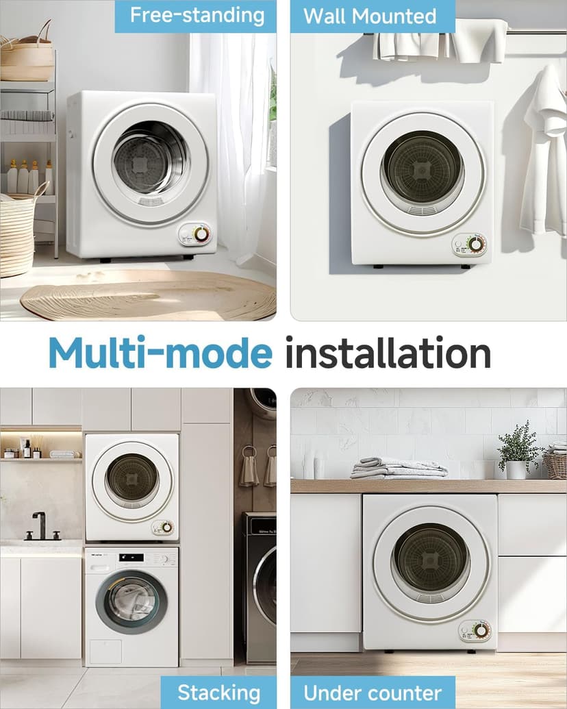 Feelfunn 110V Portable Dryer – 850W Compact Clothes Dryer with 4 Automatic Drying Modes, Stainless Steel Tub, Simple Control Knob for Apartments, Dorms & Small Spaces