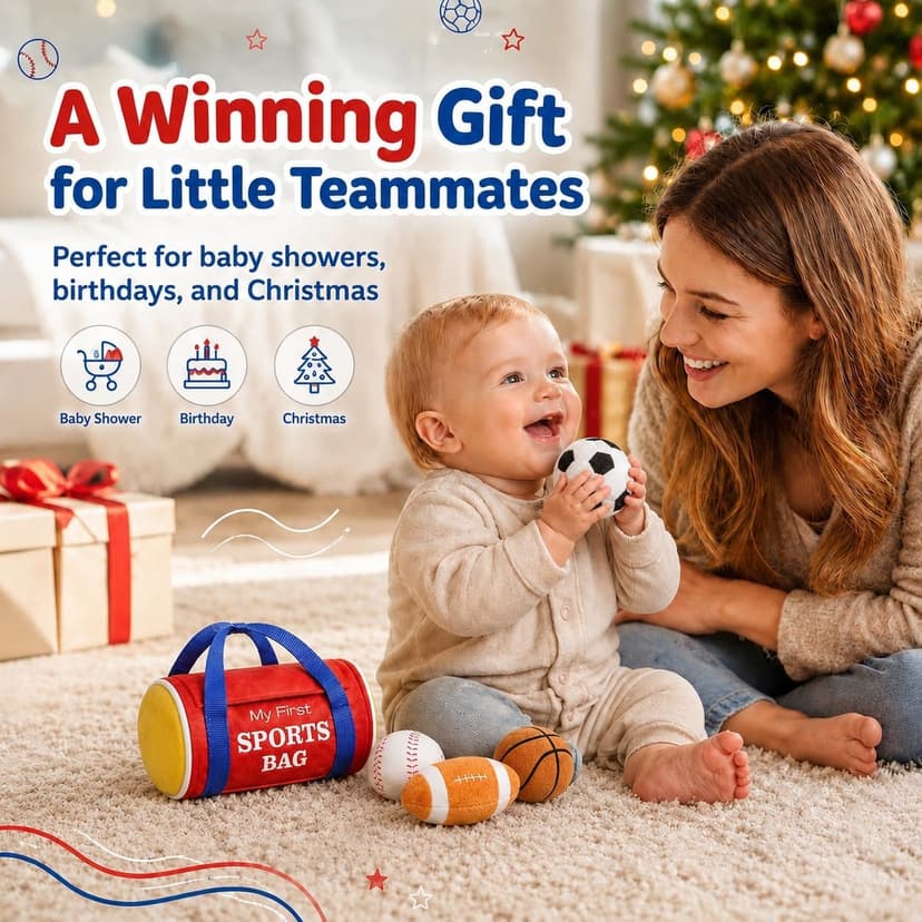 KMUYSL Baby Toys 0-12 Months, My First Sports Bag Plush Toy - 4 Sensory Balls Soft Toys with Crinkle, Rattles for 0-3-6-9-12 Month Newborn Infant, 1st Birthday for Babies Boys Girls Age 1
