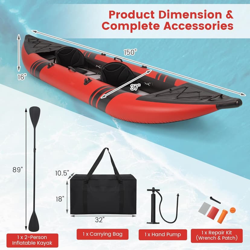GYMAX Inflatable Kayak, 12.5Ft 507lbs Tandem Kayak with 2 Aluminum Paddles, 2 Padded Seats, Footrests, 2 Fins, Hand Pump, Carry Bag & Repair Kit, 2 Person Fishing Touring Kayak for Adults