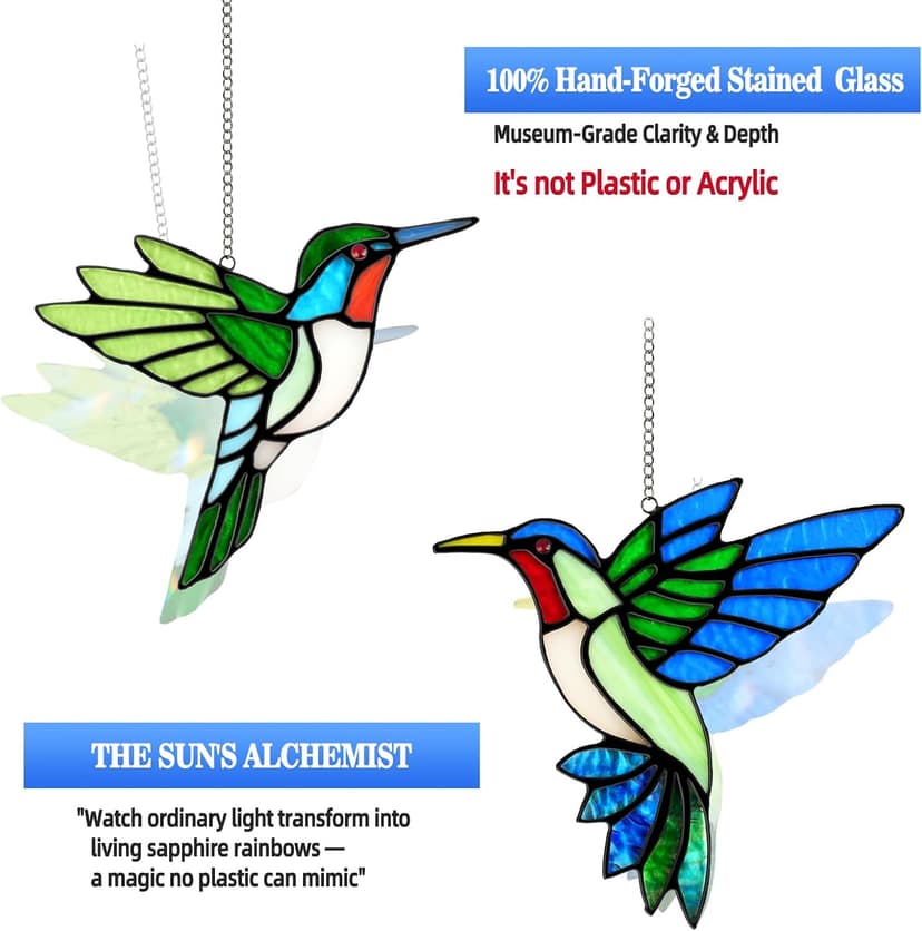 Handmade Copper Foil Art,Birthday Anniversary Gift For Mom Grandma Wife Mother In Law,Bird Lovers Sun Catcher Decor,6 Inch 2 Pcs Hummingbird Stained Glass Window Hanging Suncatchers,Gifts for Women B0FBM1D77B