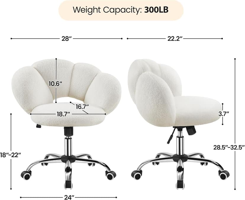 Yaheetech Boucle Upholstered Desk Chair Cloud-Shaped Vanity Chair Adjustable Home Office Computer with Rolling Wheels for Living Room, Bedroom White