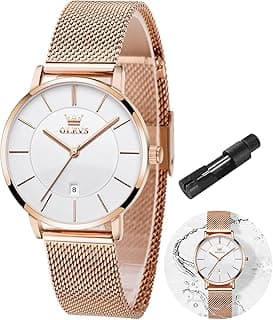 OLEVS Women's Watch Luxury Dress Rose Gold Women Slim Thin Lightweight Watch Stainless Steel Mesh Watches Fashion Waterproof Ladies Wrist Watch Black White Blue Face,Adjustable Bracelet