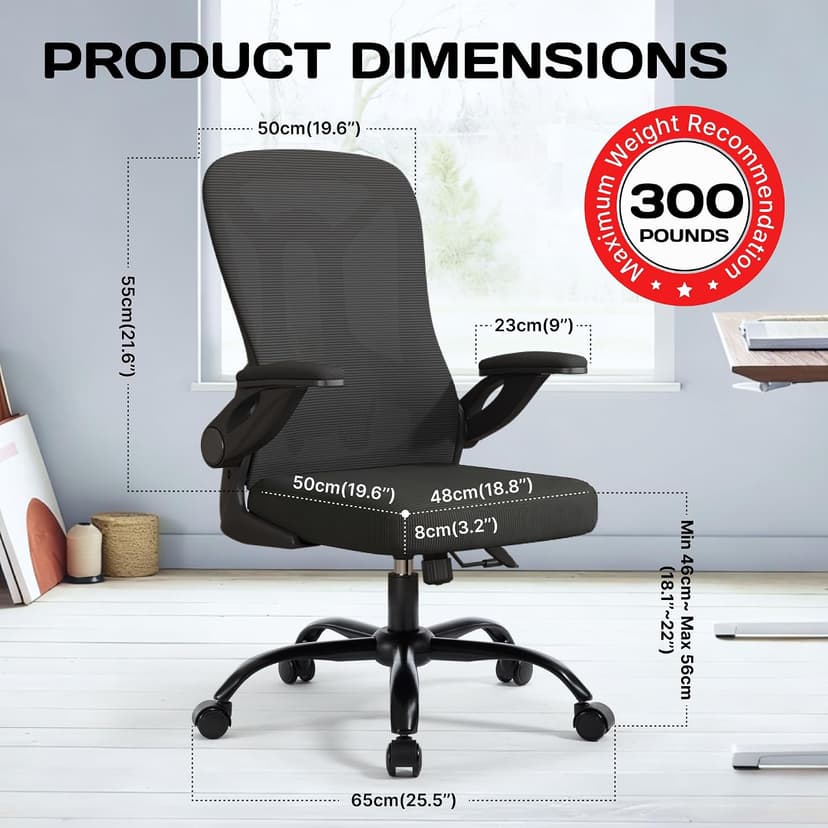 Ergonomic Office Chair, 300 lbs Heavy Duty Mesh Computer Chair with Adjustable Lumbar Support, 90° Flip-up Arms Space Saving Desk Chair, Mid Back Breathable Task Chair for Home Office, Black