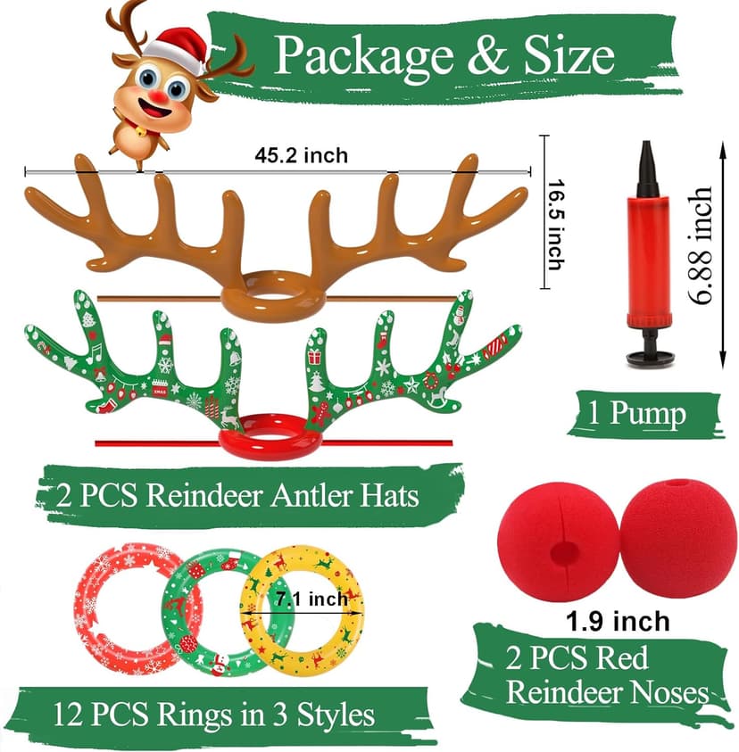 Christmas Games Decorations, Inflatable Reindeer Antler Ring Toss Game, Stocking Stuffers for Men Women Kids Teens Adults, Christmas Party Games Fun Xmas Gifts Carnival Holiday Family