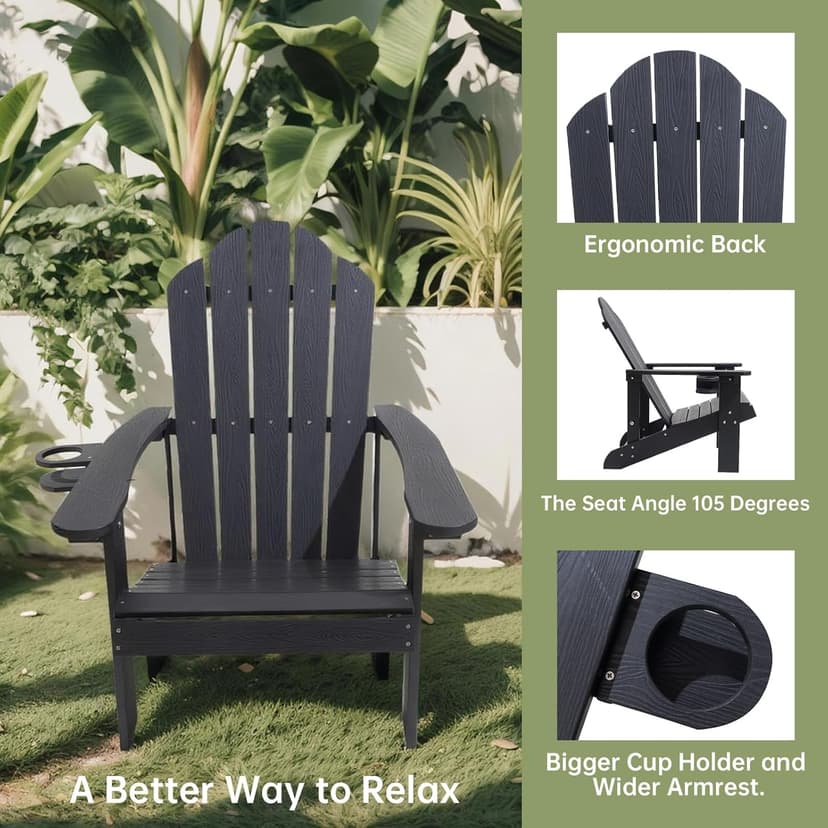 Adirondack Chair,All-Weather Can Used Patio Chair with Cup Holder,Sturdy Outdoor Lawn Chair,Easy Clean Surface and Anti-Tip Safety Features,Black