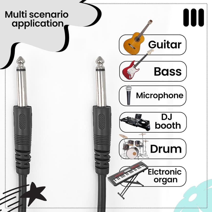 10 ft 6.35mm Guitar Cable - Straight to Straight Instrument Cable, Black Electric Guitar Cord for Electronic Drum, Musical Instrument, Speaker