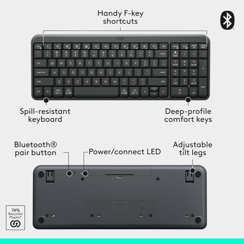 Logitech K250 Bluetooth Keyboard with Numpad, Easy Connectivity, Compact Wireless Keyboard Made with Recycled Plastic, Spill-Resistant, Comfortable Keys - Windows/MacOS - Graphite