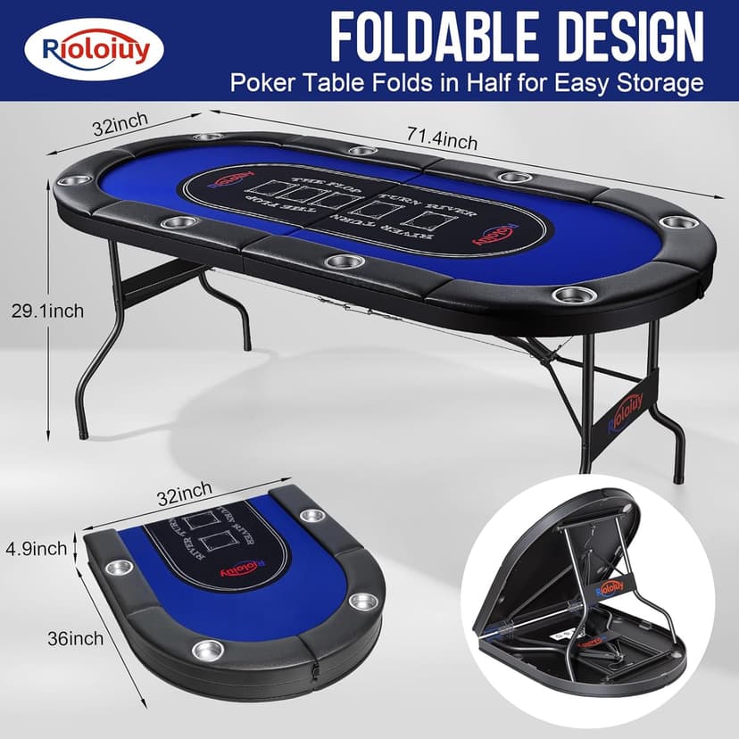 Rioloiuy 8 Player Poker Table Foldable, Texas Holdem Casino Table with Padded Rails & Cup Holders, Portable Folding Game Table for Home or Game Room, 71 Inch