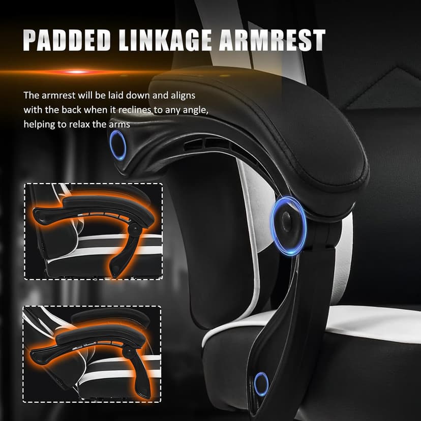 Gaming Chair with Footrest, Reclining Video Game Chairs for Adults with Lumbar Support, Linkage Armrests, Ergonomic Computer Chair for Gaming or Office, PU Black-White