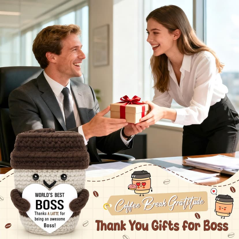 Best Boss Gifts for Women Men Christmas Stocking Stuffer Birthday Boss Day Gifts for Leader Manager Supervisor Crochet Coffee Mug Cup Desk Office Decor for Coffee Lover Best Boss Retirement Bosses Day