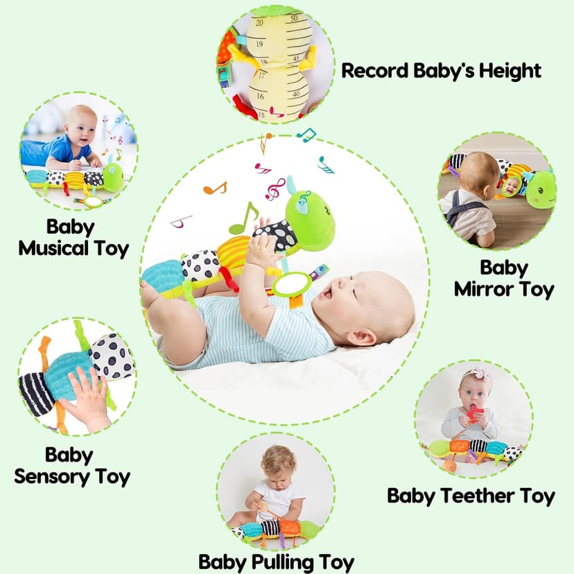 Baby Sensory Toy 0-6 Month Music Animal Stuffed Plush Caterpillar Toy for Infant 0-3-6-12 Month Old Tummy Time with Baby Mirror Crinkle Rattle Carseat Toys for Newborn Boys Girl Shower Gifts
