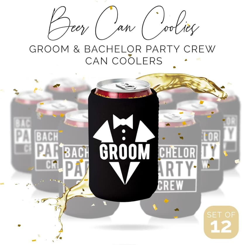 Groom and Bachelor Party Crew Squad Bachelor Party Can Coolers, Set of 12 White and Black Beer Can Coolies, Perfect Bachelor Party Decorations and as Grooms Men Gifts