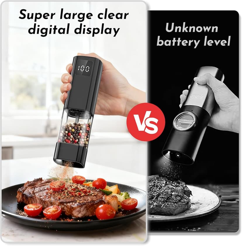 LED Display & Light, Ceramic Core, Adjustable Grind, 3.5 oz x2, Kitchen Gadget for Cooking, BBQ, Home Gifts for Women Men Electric Salt and Pepper Grinder Set,Automatic Pepper Mill Shakers,2 Pack B0FCF875FT