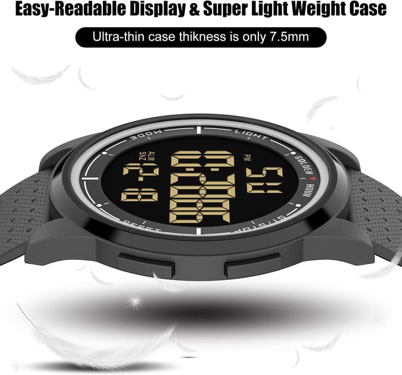 GOLDEN HOUR Ultra-Thin Minimalist Sports Waterproof Digital Watches Men with Wide-Angle Display Rubber Strap Wrist Watch for Men Women