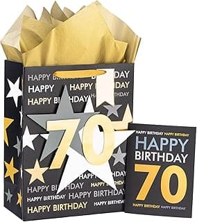Loveinside Birthday Gift Bag with Tissue Paper and Greeting Card for 70 Birthday - 10" x 5" x 13", 1 Pcs, Black Gold