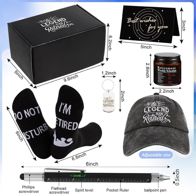 Kolewo4ever 14 Pcs Retirement Gifts for Men Christmas Gifts for Dad 2025 Happy Retired Gift Basket for Coworker, Teachers, Dad, Grandpa Best Retirement Gift Box with Whisky Set Baseball Cap Socks