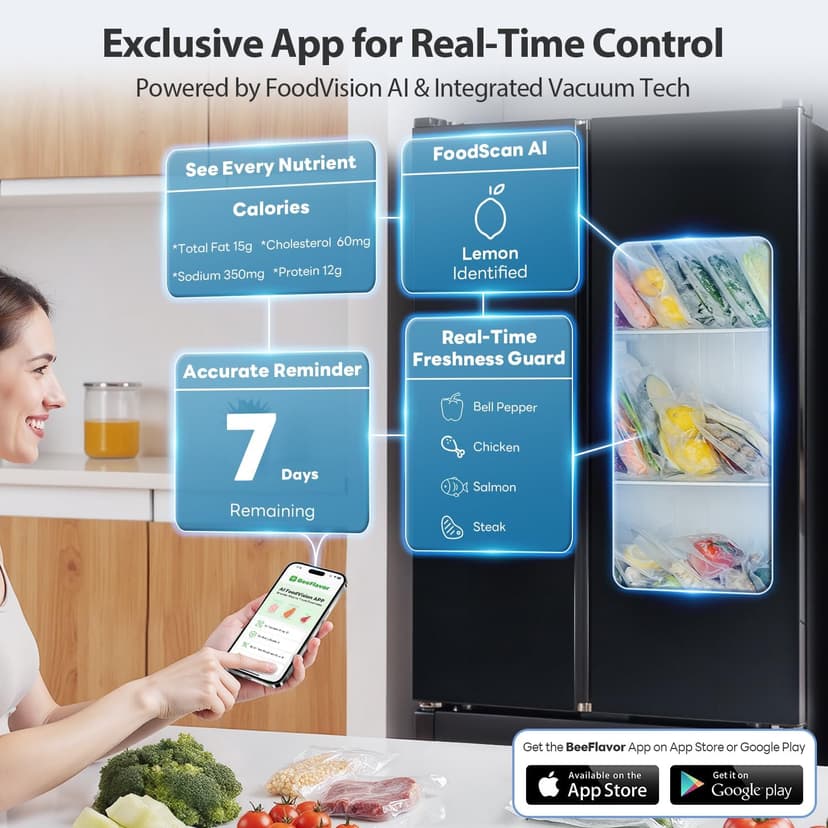 PressFree TRUE-Auto Vacuum Sealer Machine, Beelicious 85KPA Fully Automatic 8-IN-1 Food Sealer with Bags Storage, Build-in Cutter, Moist Mode and Air Suction Hose |Sous Vide | Digital Countdown