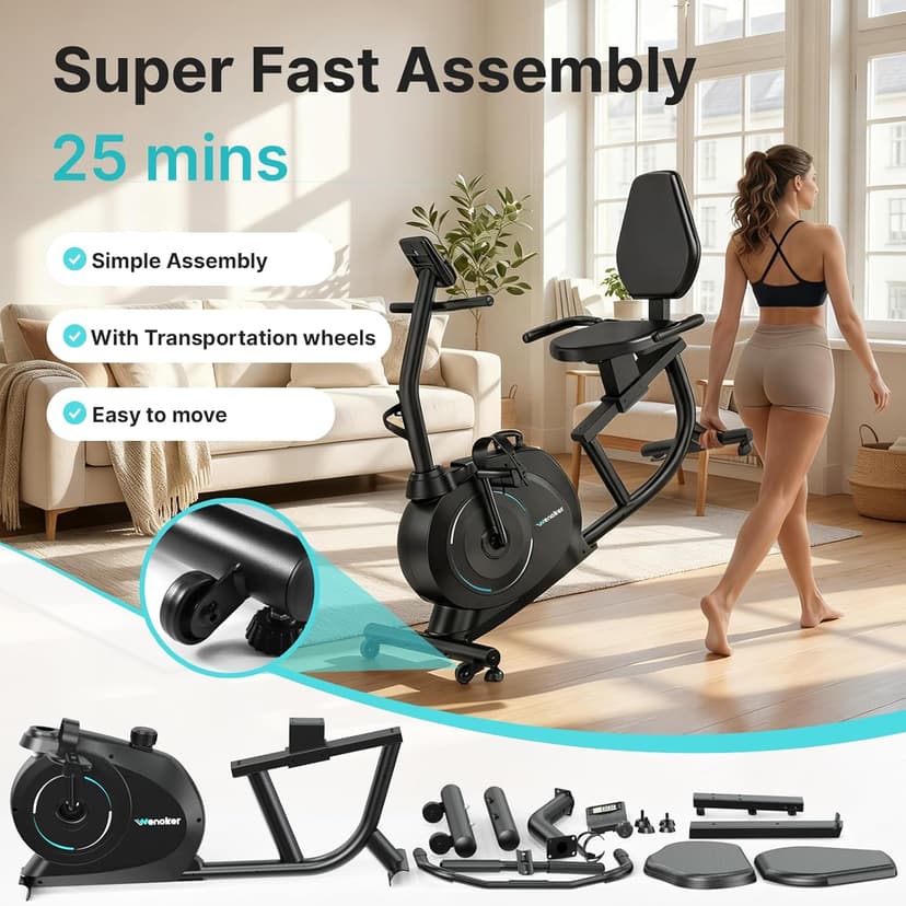 Recumbent Exercise Bike for Home, Quiet Recumbent Stationary Bike with App Sync, 16-Level Magnetic Resistance, Adjustable Seat & LCD Monitor for Adults and Seniors