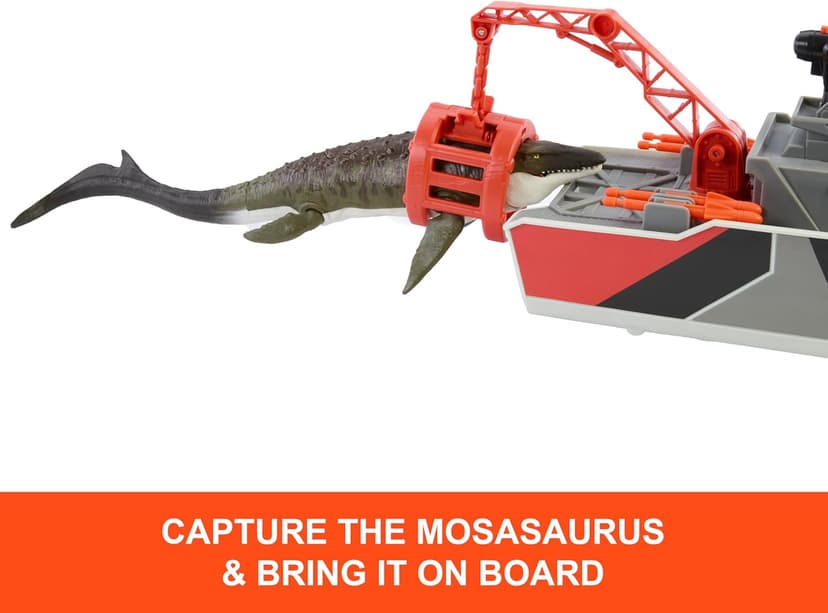 Matchbox Toy Car Playset, Jurassic World 12.5” Dino Boat with 13” Mosasaurus Dinosaur, 1:64 Die-Cast Jeep, Harpoon Missiles & Detachable Rescue Boat
