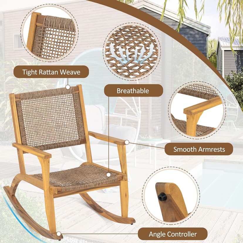 Acacia Wood Outdoor Rocking Chair Set of 2, Natural Wicker Outdoor Rockers with Wicker Rattan Seat & Backrest, 400 lbs Capacity Heavy Duty Rocker for Garden, Backyard & Balcony (Natural)