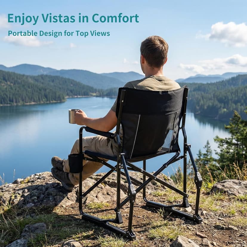 OLIXIS Outdoor Folding Rocking Chair for Adults, Portable Camping Lawn Chair with Mesh Back, Waterproof Armrests & Sturdy Frame, Foldable Seat for Patio, Beach, Camping, Black