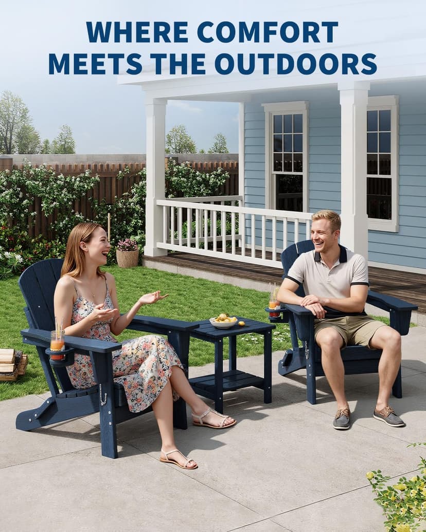 GarveeLife Folding Adirondack Chair Set of 2 with Side Table, All-Weather HDPE Outdoor Chair, Wooden Textured with Cup Holder for patios, Decks, Gardens, fire pits, Navy Blue