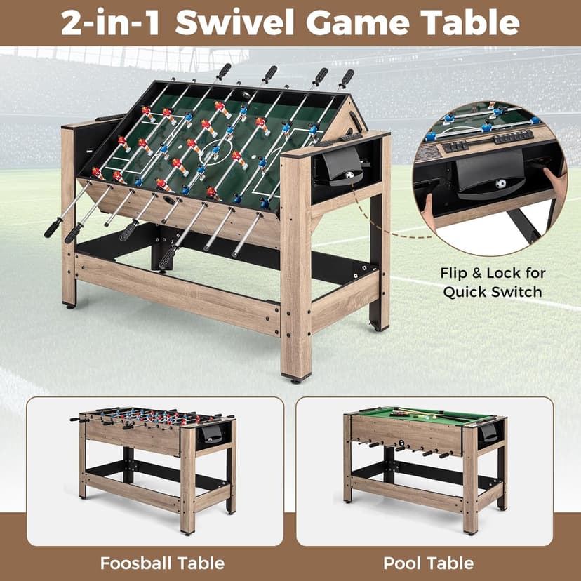 Goplus 2-in-1 Swivel Multi Game Table, 48” Combo Game Table with Foosball & Pool for Adults, Indoor Outdoor Combination Arcade Table for Home Game Room Party