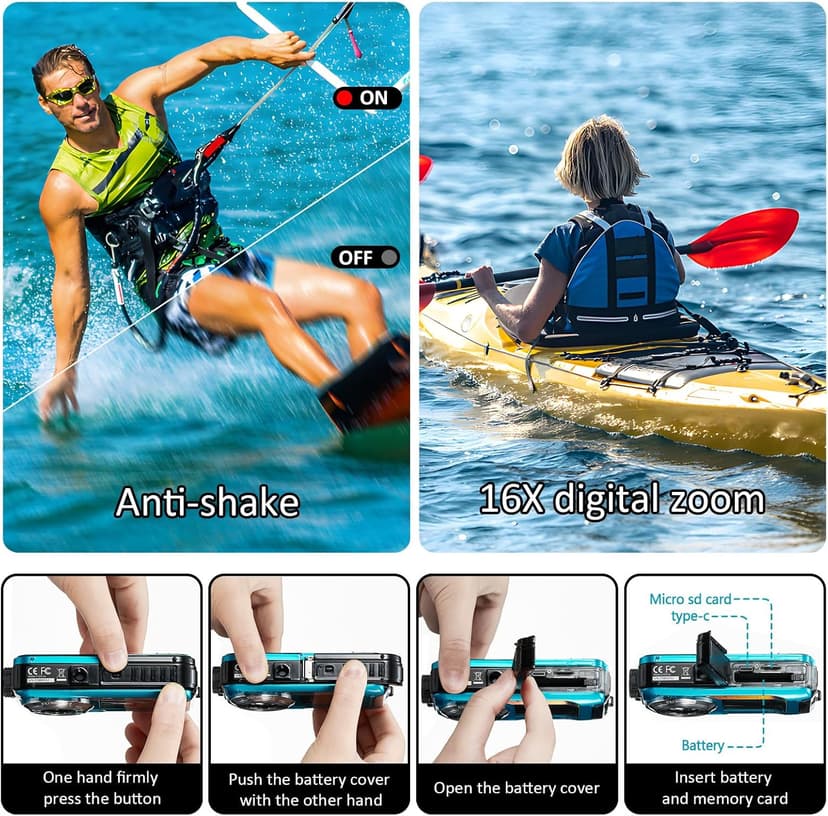 4K Underwater Camera 16FT Waterproof Camera with 32GB Card 64MP Autofocus Dual-Screen Selfie Underwater Camera for Snorkeling Waterproof Compact Floatable Digital Camera 1250mAh Battery Type-C (Blue)