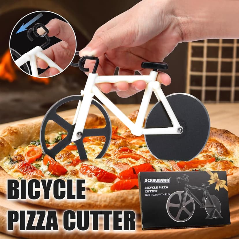 Bicycle Pizza Cutter Wheel - Gifts for Cyclists, Men, Dad, Bike Lovers - Funny Kitchen Gadgets - Cool Father’s Day, Christmas, Birthday, White Elephant Gifts - Stainless Steel Pizza Slicer(White) B09TRFQ5XT