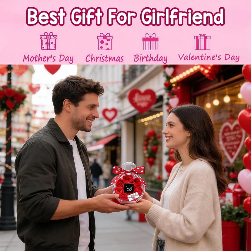 Anniversary Cute Women Artificial Soap Rose Flowers with Double Heart Necklace Present Gifts for Girlfriend Valentines Day Birthday Gift B0GW7XRWSC