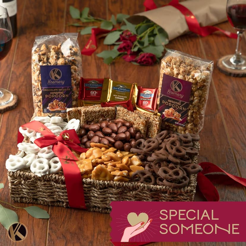 KREMERY Creamy Chocolate Cravings - Holiday Christmas Chocolate Covered Pretzels & Caramel Popcorn Gift Basket, in Seagrass Tray + Ribbon (Deluxe, 3.5 lbs) Xmas Treats Food Arrangement, Kosher