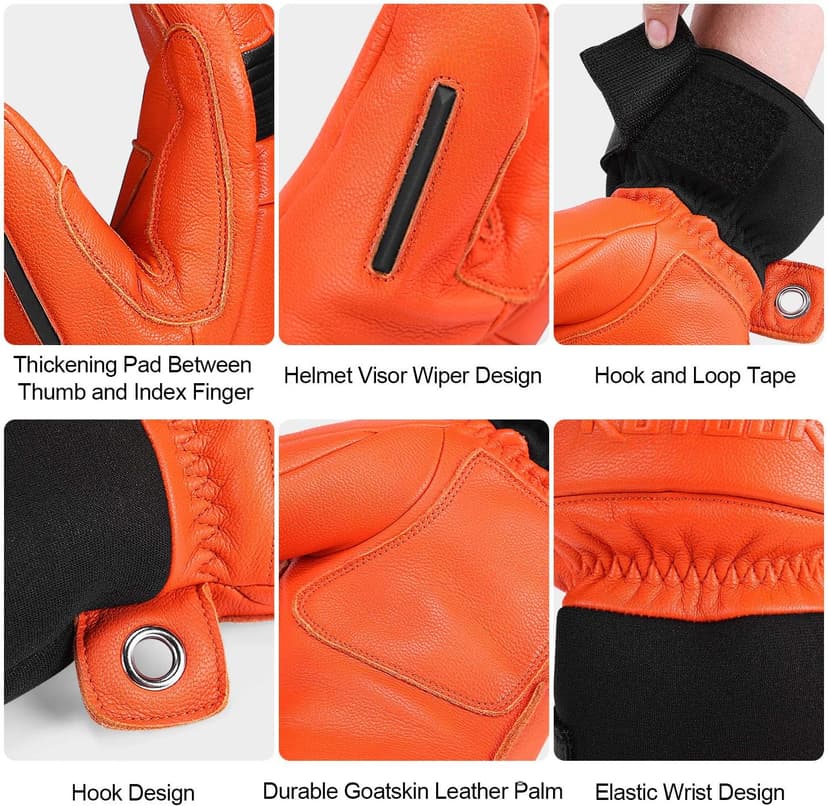 KUTOOK Ski Mittens with HIPORA Waterproof Membrane Goat Leather Gloves for Skiing Outdoor