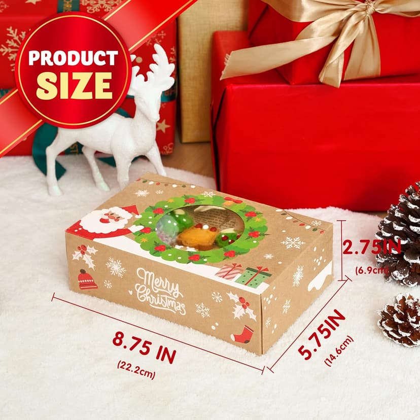 JOYIN 12PCS Christmas Cookie Boxes for Gift Giving, 8.75" x 5.75" x 2.75" Xmas Holiday Bakery Treat Boxes with Window, Kraft Cookie Tin Container Box for Baked Goods, Cupcake, Pastry, Candy, Brownies